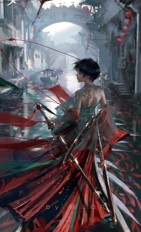 短发持剑女子·国风武侠《影之刃》江南水乡插画 古风壁纸 – 手机电脑通用背景-iPhone17-1
