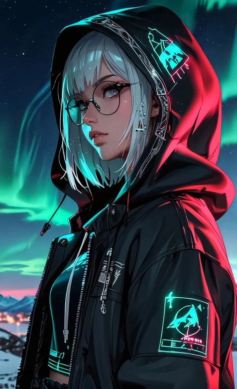 银发眼镜少女·赛博朋克连帽衫 极光夜景潮酷手机壁纸 – 高清 桌面壁纸 开放版权素材 免费下载 手机电脑通用背景图