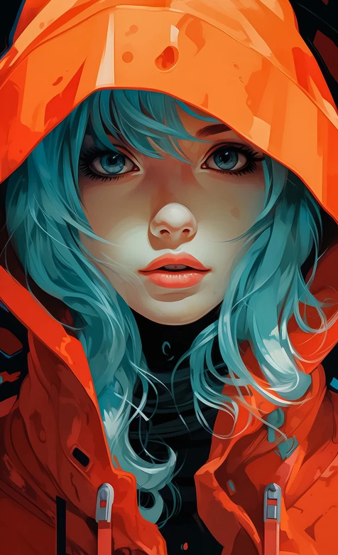 蓝发少女·橙红连帽衫 二次元插画风高人气手机壁纸 – 高清 桌面壁纸 开放版权素材 免费下载 手机电脑通用背景图