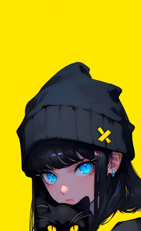 黑帽蓝眼少女抱黑猫·二次元插画风原创高清手机壁纸-iPhone17-1