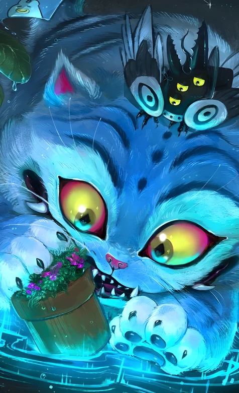 暗黑奇幻风蓝猫（衔花盆）·怪异小生物 魔幻宠物手机壁纸 – 高清 桌面壁纸 开放版权素材 免费下载 手机电脑通用背景