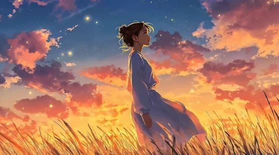 麦田星空下的白衣女孩·唯美二次元动态电脑壁纸 – 高清 桌面壁纸 开放版权素材 免费下载 手机电脑通用背景图