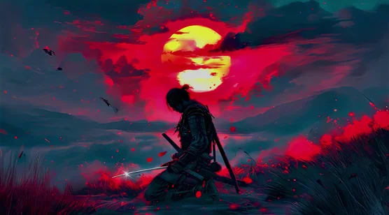 武士·刀光映血阳 暗黑日式游戏风动态电脑壁纸 – 高清 桌面壁纸 开放版权素材 免费下载 手机电脑通用背景图