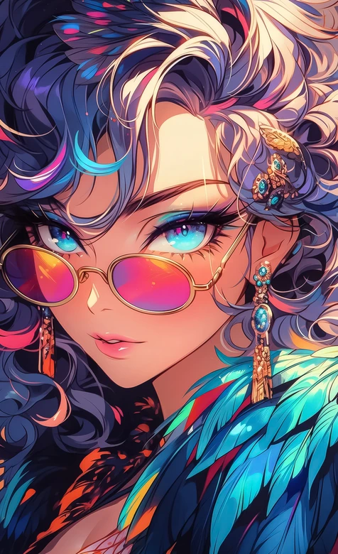 二次元炫彩插画风女角色·华丽羽毛卷发眼镜 热门手机壁纸 – 高清 桌面壁纸 开放版权素材 免费下载 手机电脑通用背景