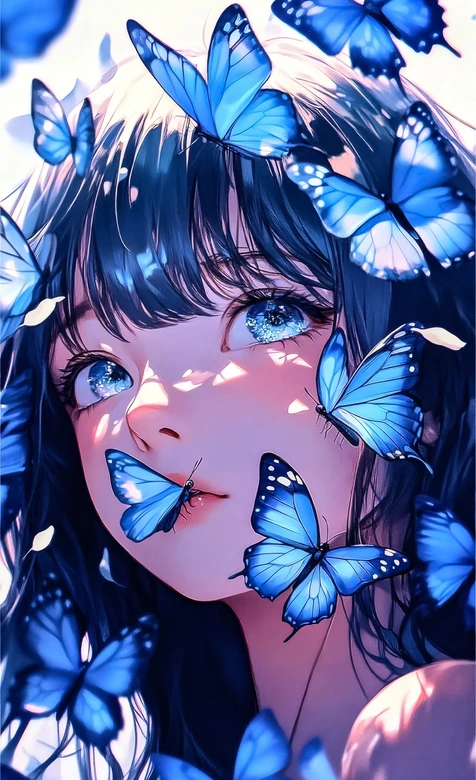 二次元少女蓝蝴蝶簇拥 星空眼 唯美梦幻超仙壁纸 – 高清 桌面壁纸 开放版权素材 免费下载 手机电脑通用背景图
