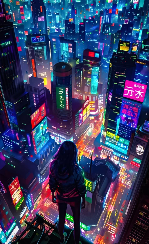 楼顶少女·赛博朋克霓虹都市 未来感都市夜景手机壁纸-iPhone17-1