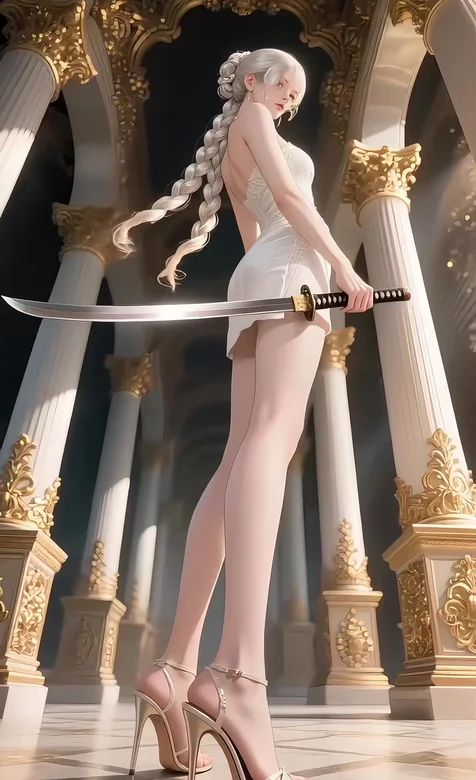 银发编辫女子·持武士刀 欧式宫殿写实唯美动态手机壁纸 – 高清 桌面壁纸 开放版权素材 免费下载 手机电脑通用背景图