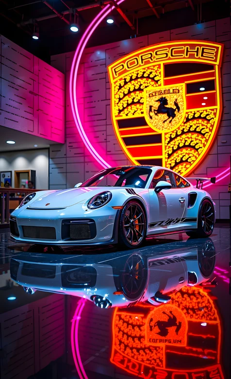白色保时捷跑车·赛博朋克风 霓虹展厅超炫手机壁纸 – 高清 桌面壁纸 开放版权素材 免费下载 手机电脑通用背景图