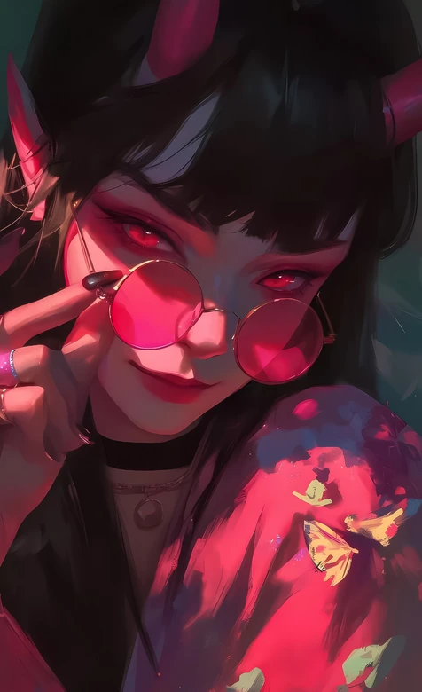 暗黑风恶魔系少女·红瞳角饰圆眼镜 个性手机壁纸 – 高清 桌面壁纸 开放版权素材 免费下载 手机电脑通用背景图