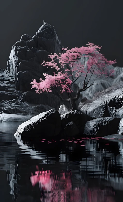 暗黑唯美风·粉色樱花树与山石湖水 小众艺术手机壁纸 – 高清 桌面壁纸 开放版权素材 免费下载 手机电脑通用背景图
