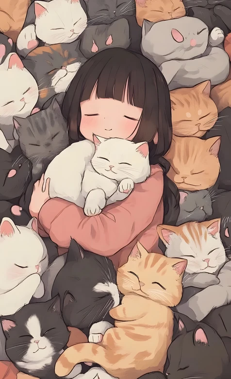 黑长直少女抱白猫·治愈风 猫咪簇拥主题壁纸 – 高清 桌面壁纸 开放版权素材 免费下载 手机电脑通用背景图