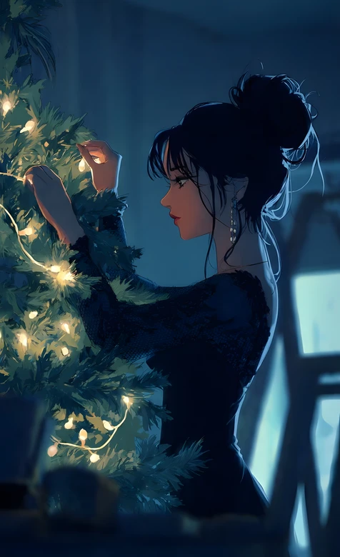 冬夜装饰圣诞树的少女·唯美插画风 暖光治愈手机壁纸 – 高清 桌面壁纸 开放版权素材 免费下载 手机电脑通用背景图