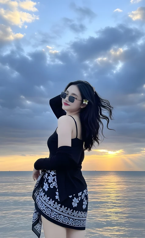 海边美女·墨镜花饰·唯美日落氛围感手机壁纸 – 高清 桌面壁纸 开放版权素材 免费下载 手机电脑通用背景图