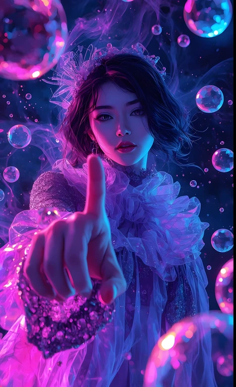 赛博朋克梦幻少女·泡泡环绕轻纱华服 超现实手机壁纸 – 高清 桌面壁纸 开放版权素材 免费下载 手机电脑通用背景图