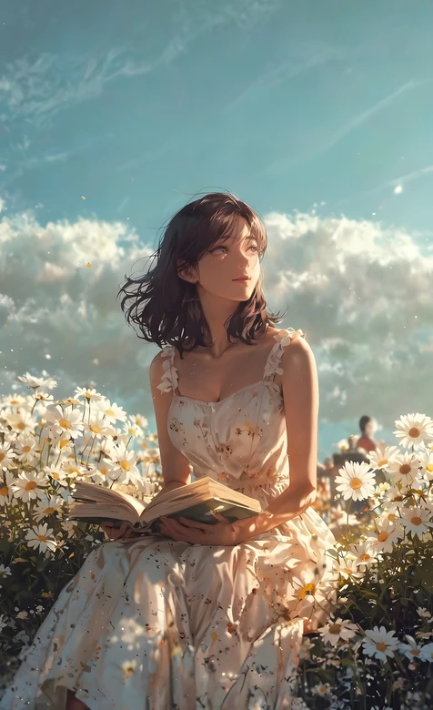 雏菊花海阅读少女·唯美插画风 治愈手机壁纸 – 高清 桌面壁纸 开放版权素材 免费下载 手机电脑通用背景图