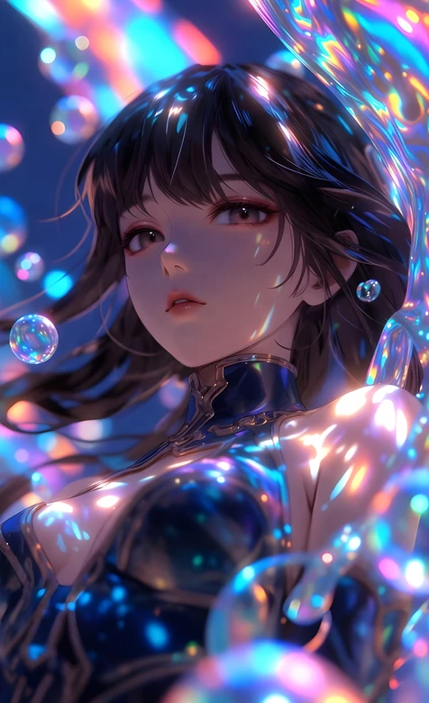 二次元少女·炫彩泡泡流光 唯美梦幻原创插画手机壁纸 – 高清 桌面壁纸 开放版权素材 免费下载 手机电脑通用背景图
