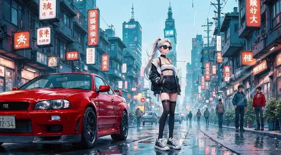 银发潮酷少女×红色性能车 赛博朋克日系雨夜街道 CG动态电脑壁纸 – 高清 桌面壁纸 开放版权素材 免费下载 手机电