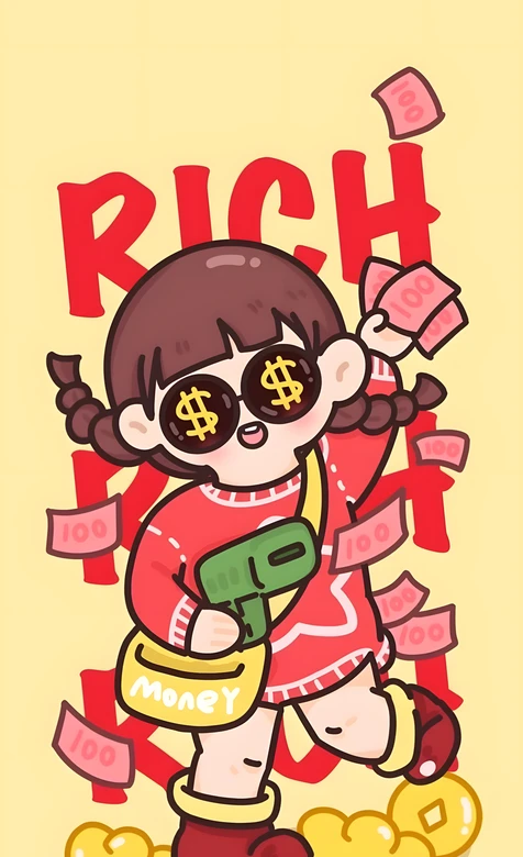 插画女孩·美元墨镜钞票枪·暴富风手机壁纸 – 高清 桌面壁纸 开放版权素材 免费下载 手机电脑通用背景图