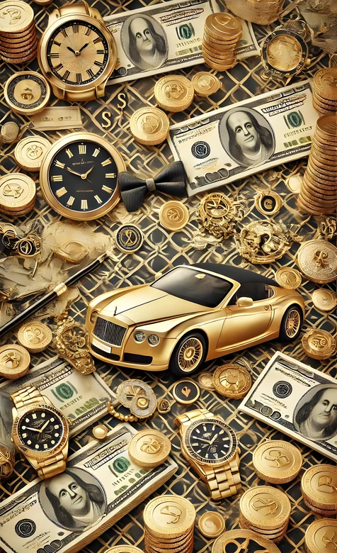 金色宾利跑车与金饰美元·奢华财富风手机壁纸 – 高清 桌面壁纸 开放版权素材 免费下载 手机电脑通用背景图