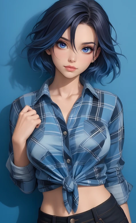 二次元唯美蓝发少女·蓝格衬衫系结造型 原创插画手机壁纸 – 高清 桌面壁纸 开放版权素材 免费下载 手机电脑通用背景