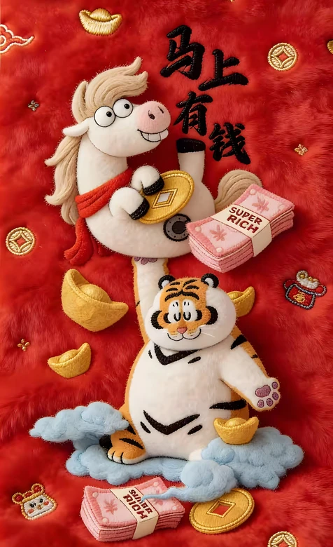 卡通马·老虎·马上有钱 国风刺绣春节暴富手机壁纸（高点击） – 高清 桌面壁纸 开放版权素材 免费下载 手机电脑通用
