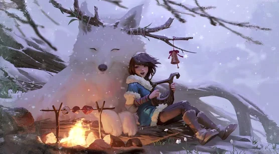 雪地篝火·少女与鹿狼（唯美奇幻原创插画动态电脑壁纸） – 高清 桌面壁纸 开放版权素材 免费下载 手机电脑通用背景图
