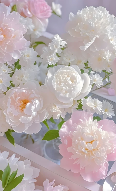 粉白芍药小白花·唯美清新 春日花房浪漫手机壁纸 – 高清 桌面壁纸 开放版权素材 免费下载 手机电脑通用背景图