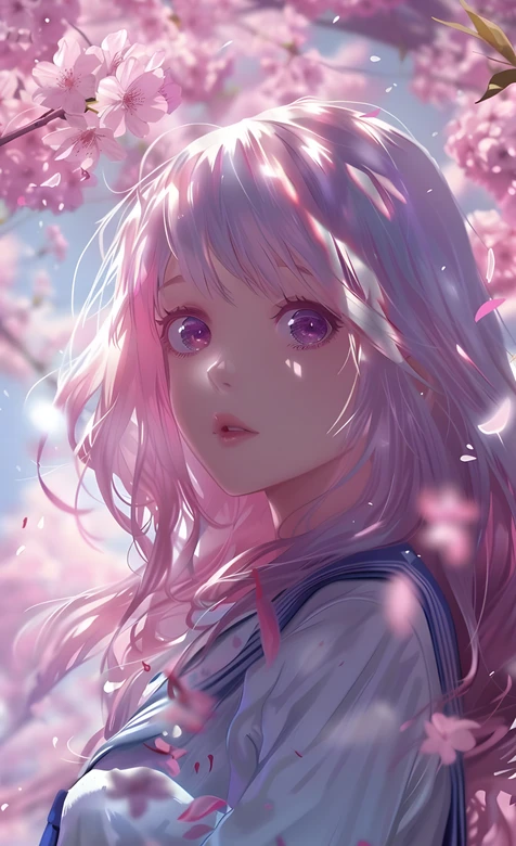 二次元粉发紫眸少女·日系樱花 治愈系手机壁纸 – 高清 桌面壁纸 开放版权素材 免费下载 手机电脑通用背景图
