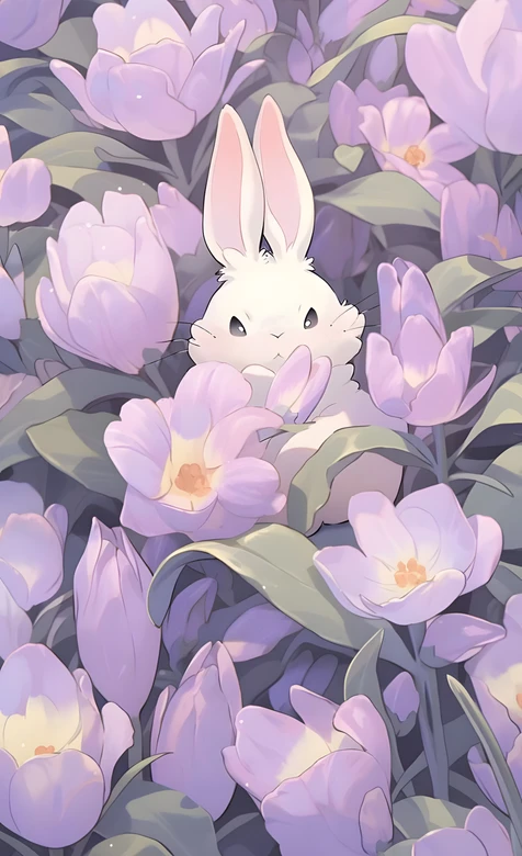 白兔·紫色花海簇拥 唯美插画风治愈系手机壁纸 – 高清 桌面壁纸 开放版权素材 免费下载 手机电脑通用背景图