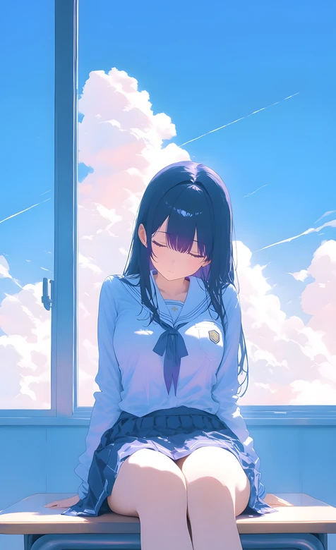 日系唯美校服少女·晴空云海 治愈系动漫风手机壁纸 – 高清 桌面壁纸 开放版权素材 免费下载 手机电脑通用背景图