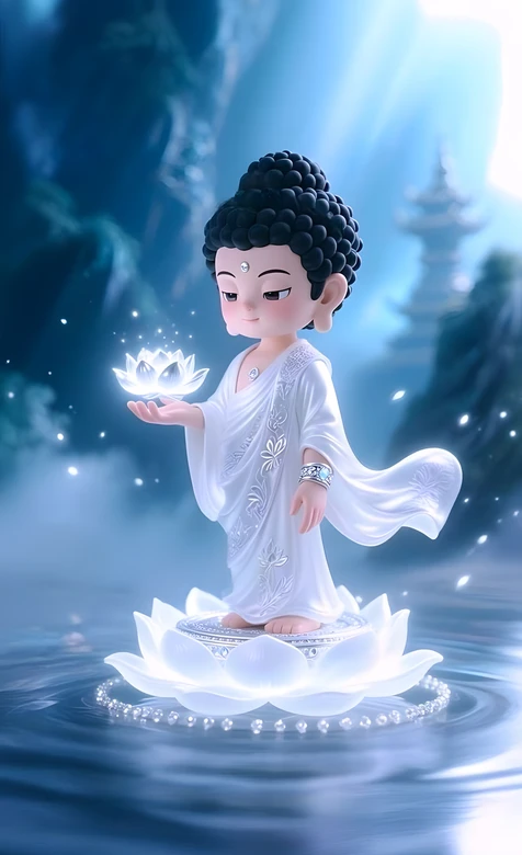 Q版佛陀·持发光莲立莲座 国风禅意唯美手机壁纸 – 高清 桌面壁纸 开放版权素材 免费下载 手机电脑通用背景图