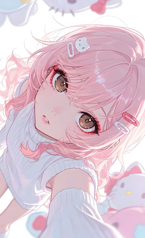 粉色卷发少女·Hello Kitty发饰 二次元唯美少女心手机壁纸 – 高清 桌面壁纸 开放版权素材 免费下载 手机
