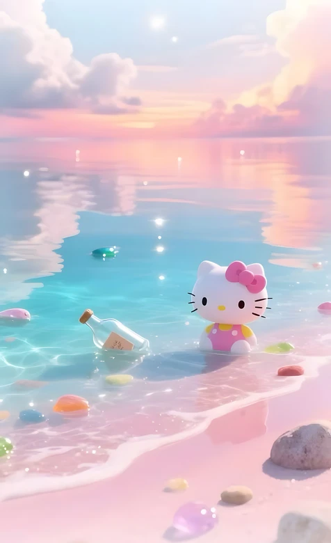 Hello Kitty·漂流瓶 粉蓝梦幻治愈手机壁纸 – 高清 桌面壁纸 开放版权素材 免费下载 手机电脑通用背景图