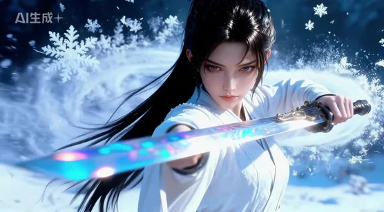 古风剑女·雪中炫光剑 国风武侠AI动态电脑壁纸 – 高清 桌面壁纸 开放版权素材 免费下载 手机电脑通用背景图