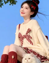 元气女生·红蝴蝶结+白猫 唯美清新户外写真 高赞女生照套图