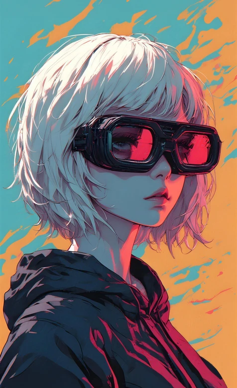 赛博朋克风二次元短发眼镜少女 原创插画手机壁纸 – 高清 桌面壁纸 开放版权素材 免费下载 手机电脑通用背景图