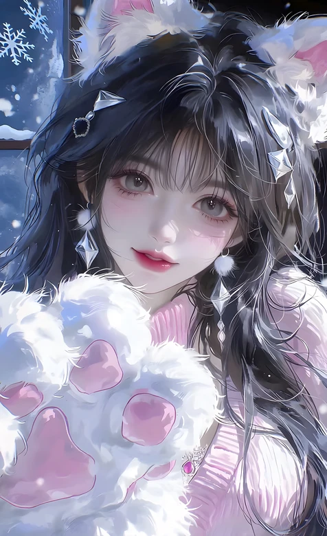 猫耳少女·毛绒猫爪二次元唯美冬日雪景手机壁纸 – 高清 桌面壁纸 开放版权素材 免费下载 手机电脑通用背景图