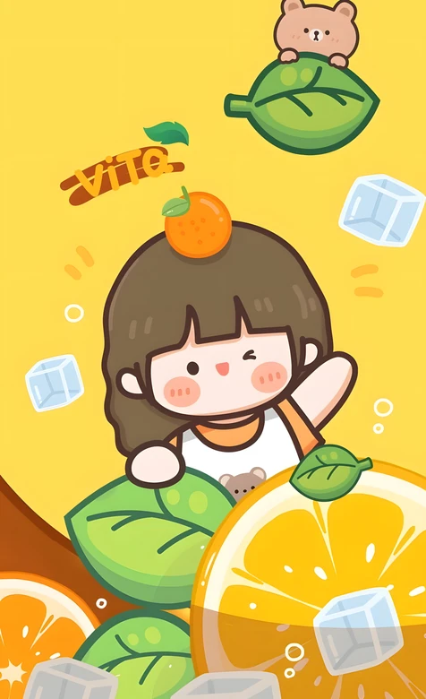ViTo卡通女孩·橘子小熊冰块 夏日治愈手机壁纸 – 高清 桌面壁纸 开放版权素材 免费下载 手机电脑通用背景图