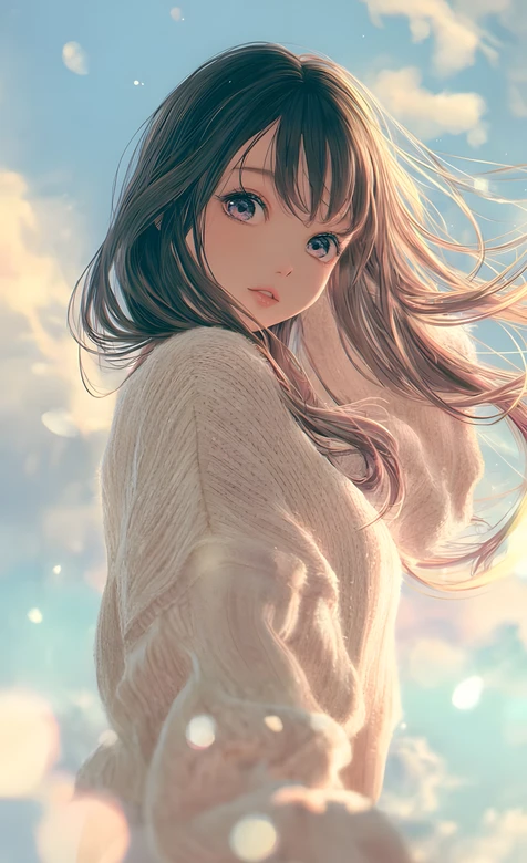 长发少女·针织衫逆光发丝 唯美二次元插画 清新治愈手机壁纸 – 高清 桌面壁纸 开放版权素材 免费下载 手机电脑通用