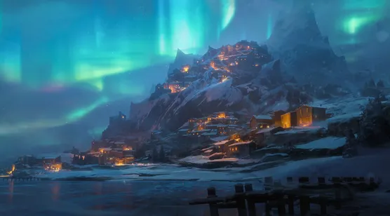冰雪山城极光夜景·唯美写实风游戏场景电脑壁纸（宽屏车机） – 高清 桌面壁纸 开放版权素材 免费下载 手机电脑通用背
