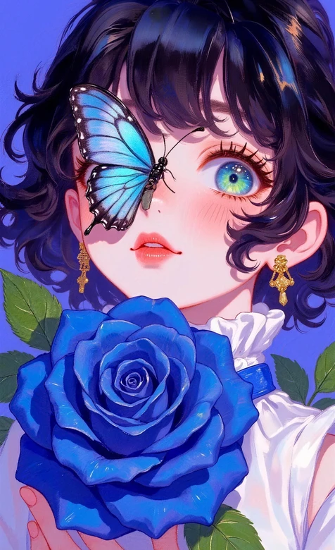 动漫少女·蓝蝶蓝玫瑰 唯美手绘风 治愈手机壁纸 – 高清 桌面壁纸 开放版权素材 免费下载 手机电脑通用背景图