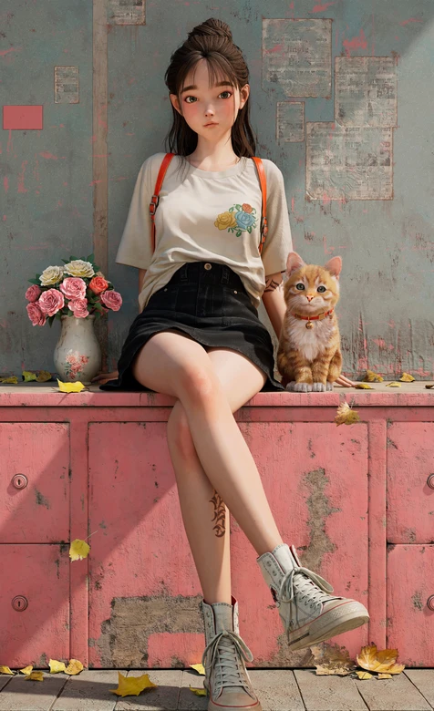 复古穿搭女孩与橘猫 写实治愈3D手机壁纸 – 高清 桌面壁纸 开放版权素材 免费下载 手机电脑通用背景图