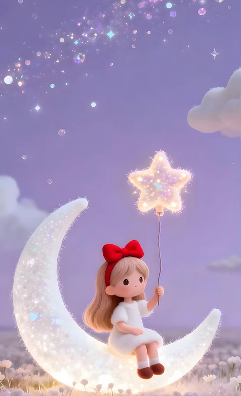 卡通少女·红蝴蝶结坐发光月亮 星星气球梦幻花海手机壁纸 – 高清 桌面壁纸 开放版权素材 免费下载 手机电脑通用背景