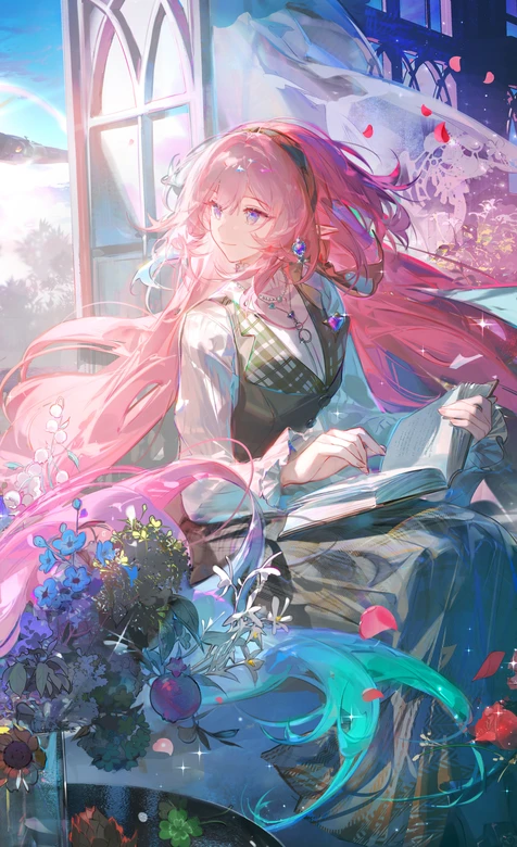 粉色长发少女·花境读书 唯美二次元插画 高人气手机壁纸 – 高清 桌面壁纸 开放版权素材 免费下载 手机电脑通用背景