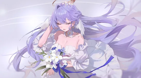 唯美紫发婚纱少女 捧花翅膀梦幻风电脑壁纸（高人气） – 高清 桌面壁纸 开放版权素材 免费下载 手机电脑通用背景图