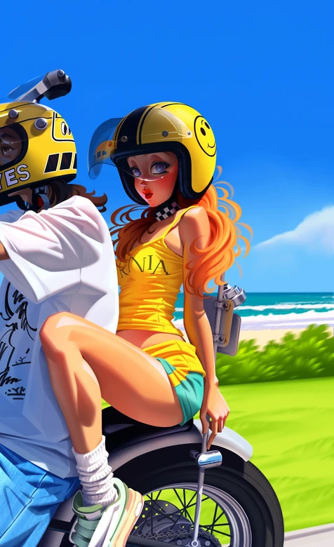 潮流卡通摩托骑行情侣·红发女孩笑脸头盔 海滨手机壁纸 – 高清 桌面壁纸 开放版权素材 免费下载 手机电脑通用背景图