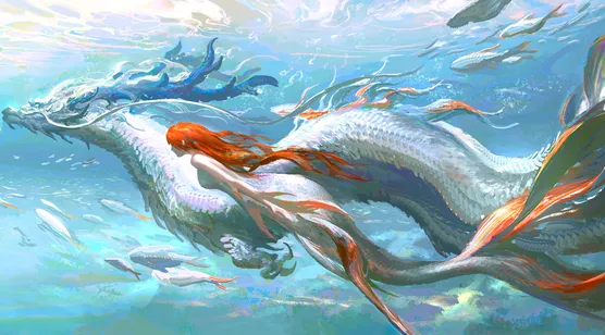 红发美人鱼·白龙伴游 国风唯美原创插画 宽屏电脑壁纸 – 高清 桌面壁纸 开放版权素材 免费下载 手机电脑通用背景图-iPhone17-1