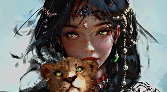 带饰少女与幼狮·唯美写实原创插画动态电脑壁纸 – 高清 桌面壁纸 开放版权素材 免费下载 手机电脑通用背景图