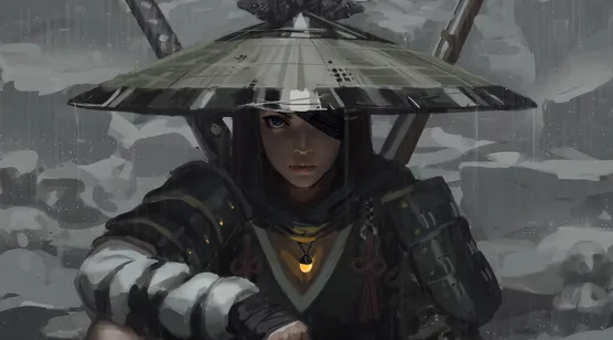 独眼女武士·斗笠战甲 国风写实游戏风 冷雨意境电脑壁纸 – 高清 桌面壁纸 开放版权素材 免费下载 手机电脑通用背景-iPhone17-1