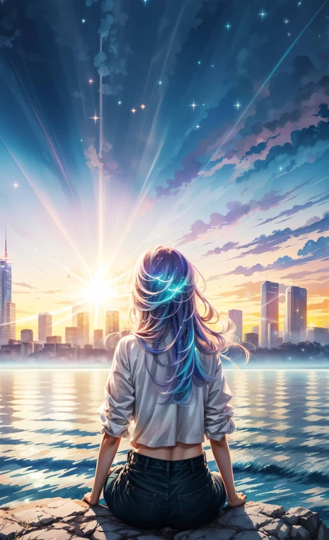 背影少女·星光渐变发 二次元唯美城市日落湖畔 高热度壁纸 – 高清 桌面壁纸 开放版权素材 免费下载 手机电脑通用背-iPhone17-1